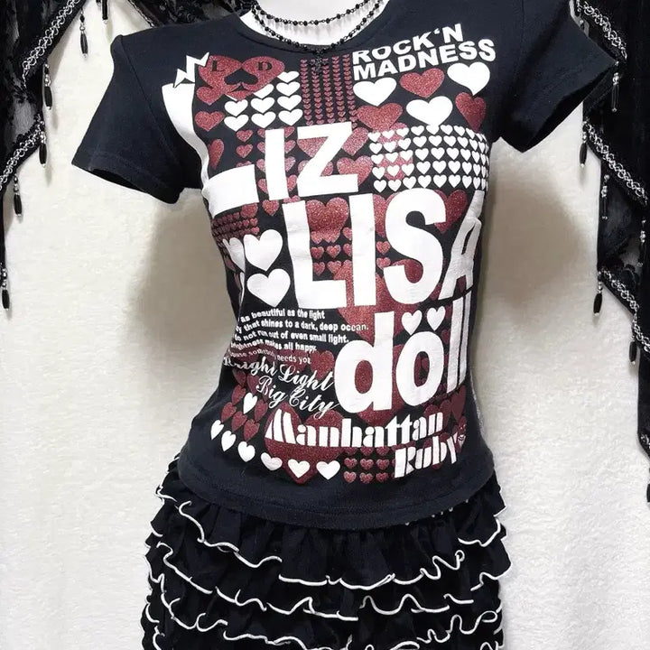 [BUNJANG] Lizlisa Retro Glitter Lettering Short Sleeve Top / 리즈리사돌 키치 펑크 y2k 헤이세이 갸루 글리터 레터링 반팔탑 핀터