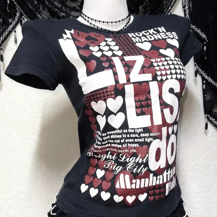 [BUNJANG] Lizlisa Retro Glitter Lettering Short Sleeve Top / 리즈리사돌 키치 펑크 y2k 헤이세이 갸루 글리터 레터링 반팔탑 핀터