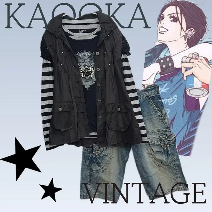 [BUNJANG] Japanese Vintage Y2K Layered Denim Coordi Set / 일본빈티지 Y2K 아오이유우 레이어드 조끼 러블리 데님 바지 코디세트
