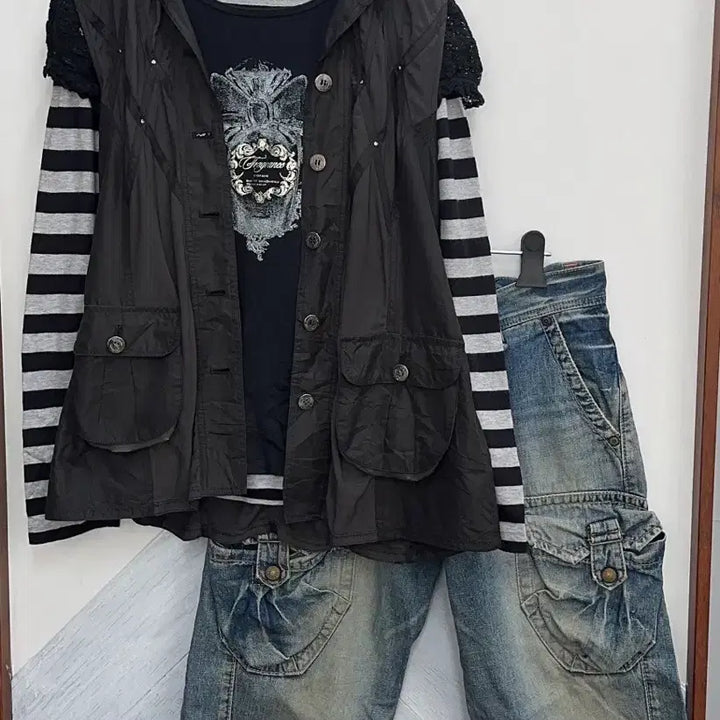 [BUNJANG] Japanese Vintage Y2K Layered Denim Coordi Set / 일본빈티지 Y2K 아오이유우 레이어드 조끼 러블리 데님 바지 코디세트