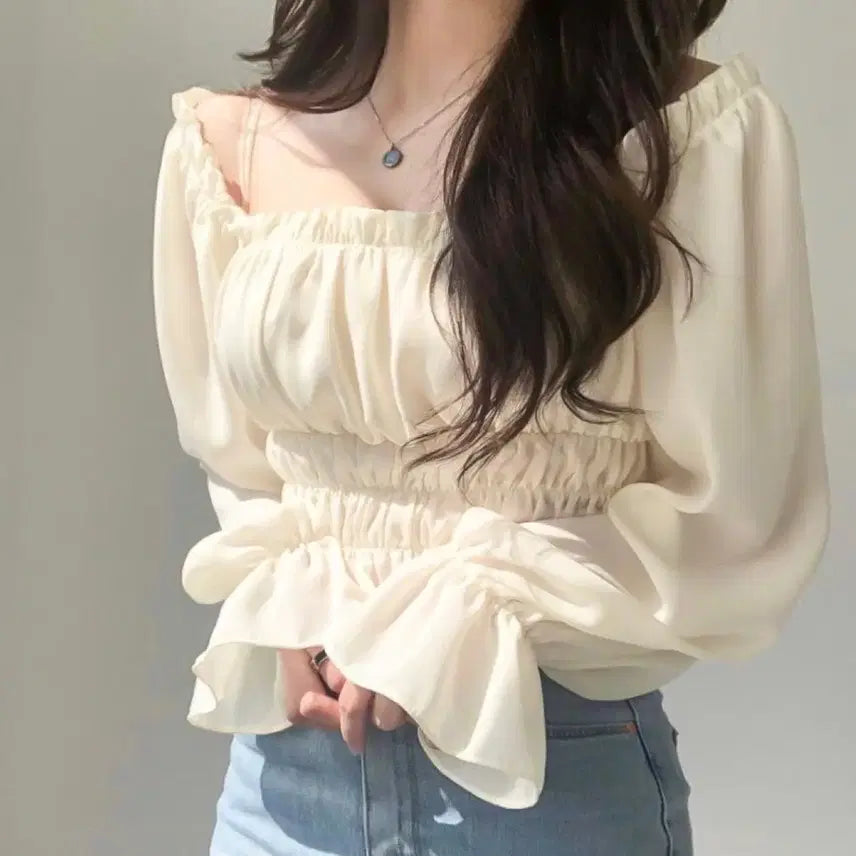 [BUNJANG] Cream Frill Two-Way Crop Blouse / 크림 프릴 투웨이 크롭 블라우스