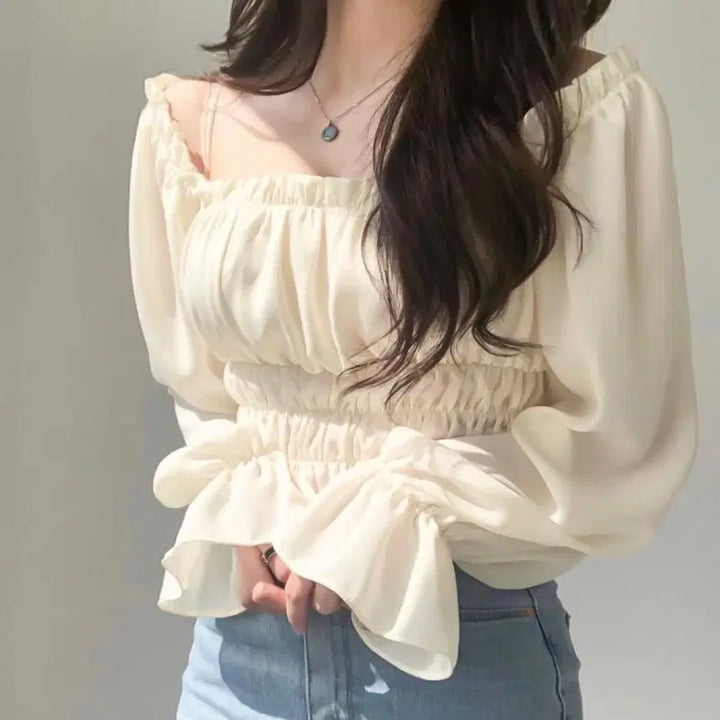 [BUNJANG] Cream Frill Two-Way Crop Blouse / 크림 프릴 투웨이 크롭 블라우스