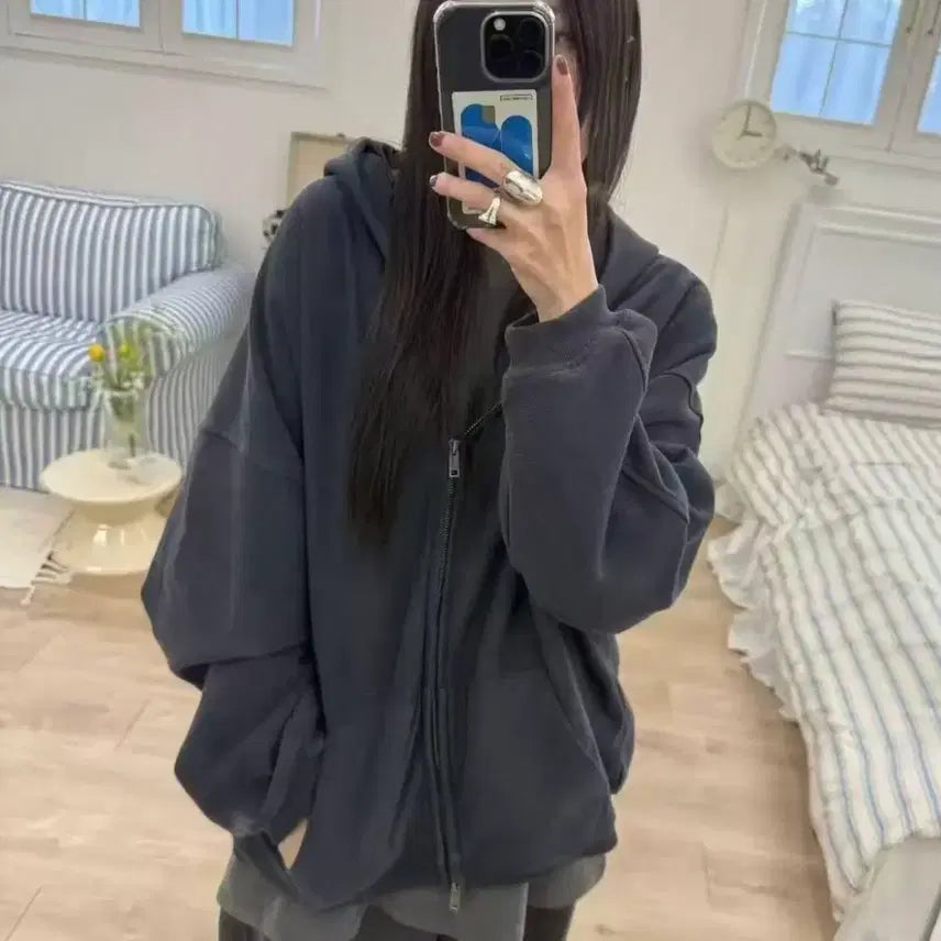 [BUNJANG] Oversized Fit Hoodie Zip-up Black / 오버핏 후드집업 블랙 FREE