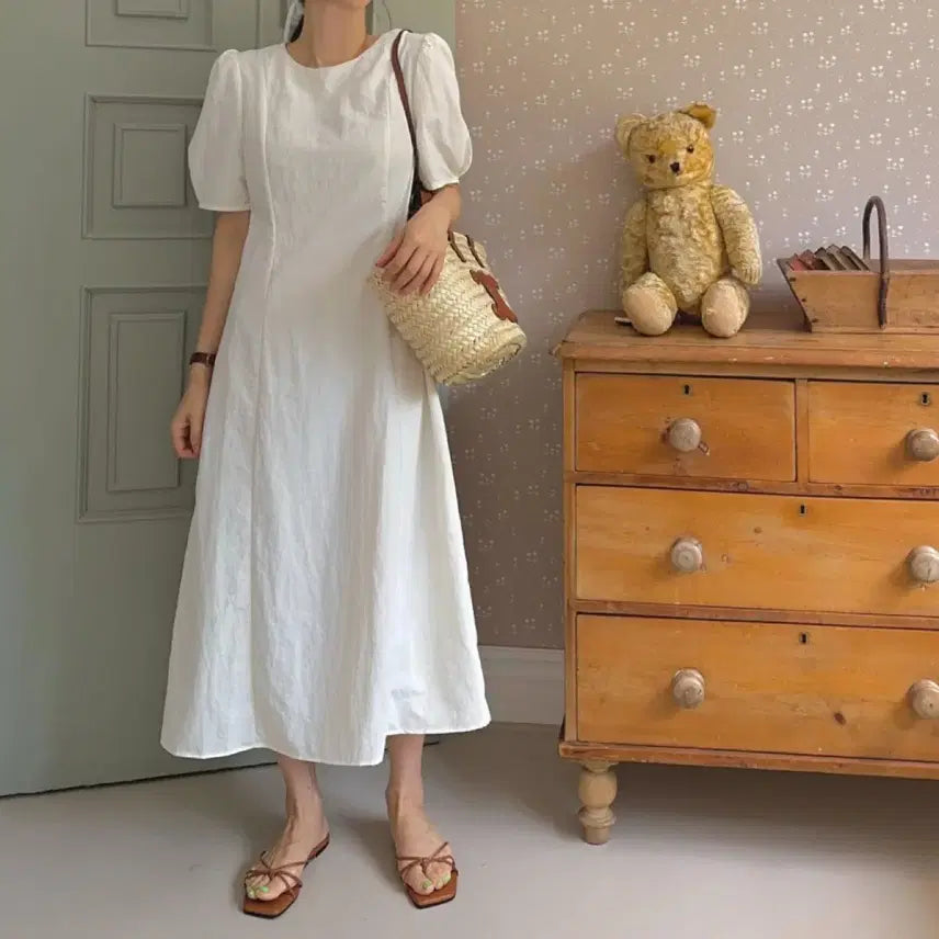 [BUNJANG] Unbranded Puff Sleeve Ivory Long Dress / 더블유포커스 퍼프 반팔원피스 새상품