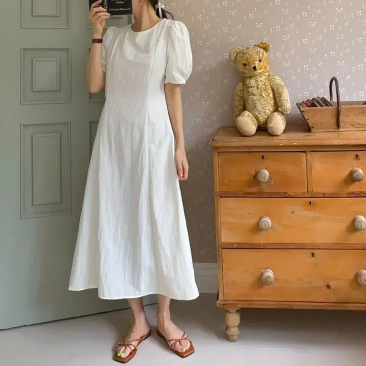 [BUNJANG] Unbranded Puff Sleeve Ivory Long Dress / 더블유포커스 퍼프 반팔원피스 새상품
