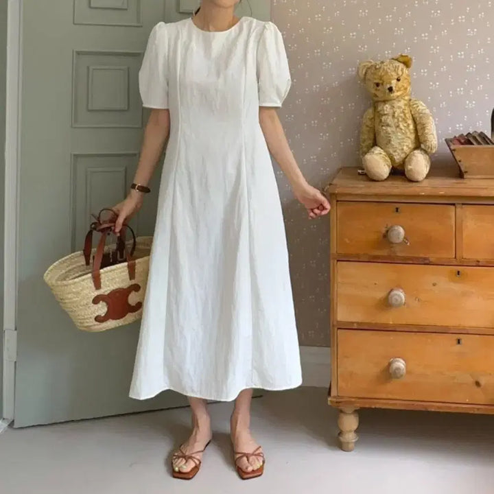 [BUNJANG] Unbranded Puff Sleeve Ivory Long Dress / 더블유포커스 퍼프 반팔원피스 새상품