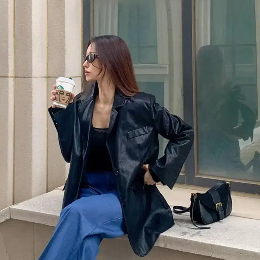 [BUNJANG] Black Leather Jacket (Women&