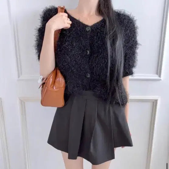 [BUNJANG] Mayyun Soft Short Sleeve Knit Cardigan Black / 새상품)메이윤 뽀송이 반소매 니트 가디건 블랙