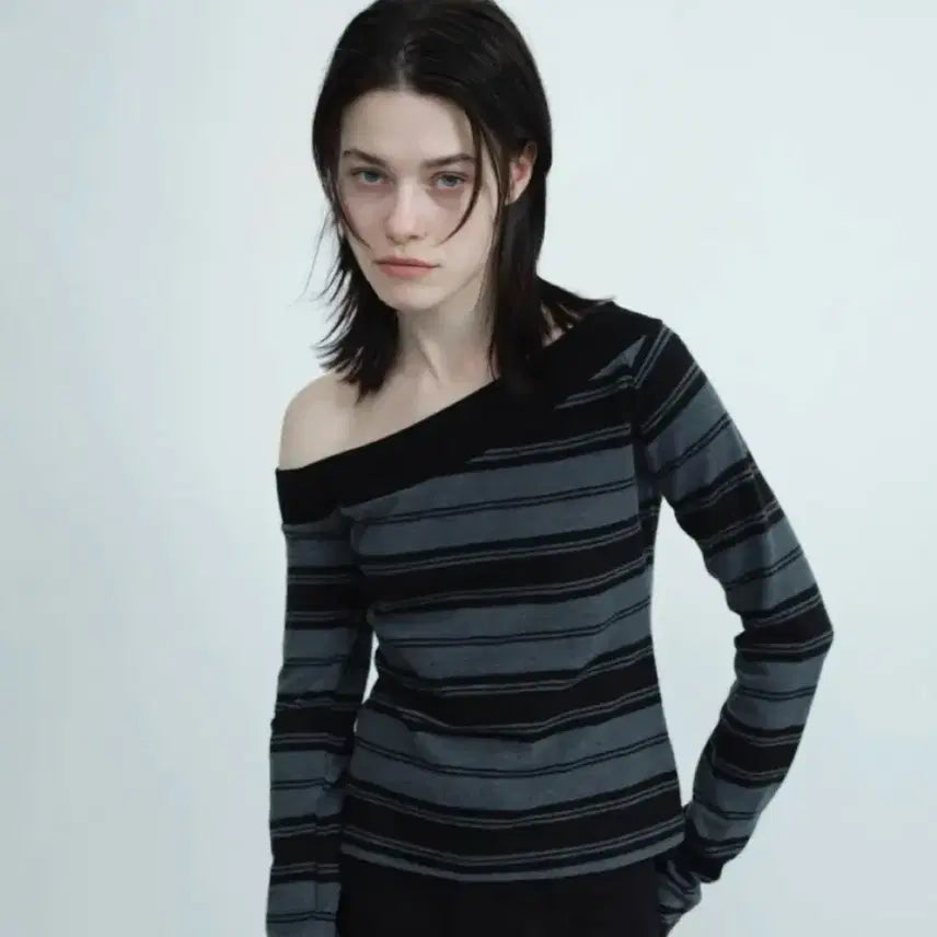 [BUNJANG] Millowmorn Shoulder Stripe T-shirt [Charcoal Gray] / 밀로우먼 숄더 스트라이프 티셔츠 [차콜 그레이]