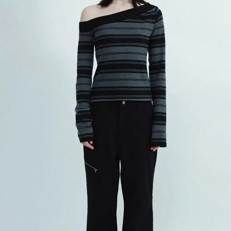 [BUNJANG] Millowmorn Shoulder Stripe T-shirt [Charcoal Gray] / 밀로우먼 숄더 스트라이프 티셔츠 [차콜 그레이]