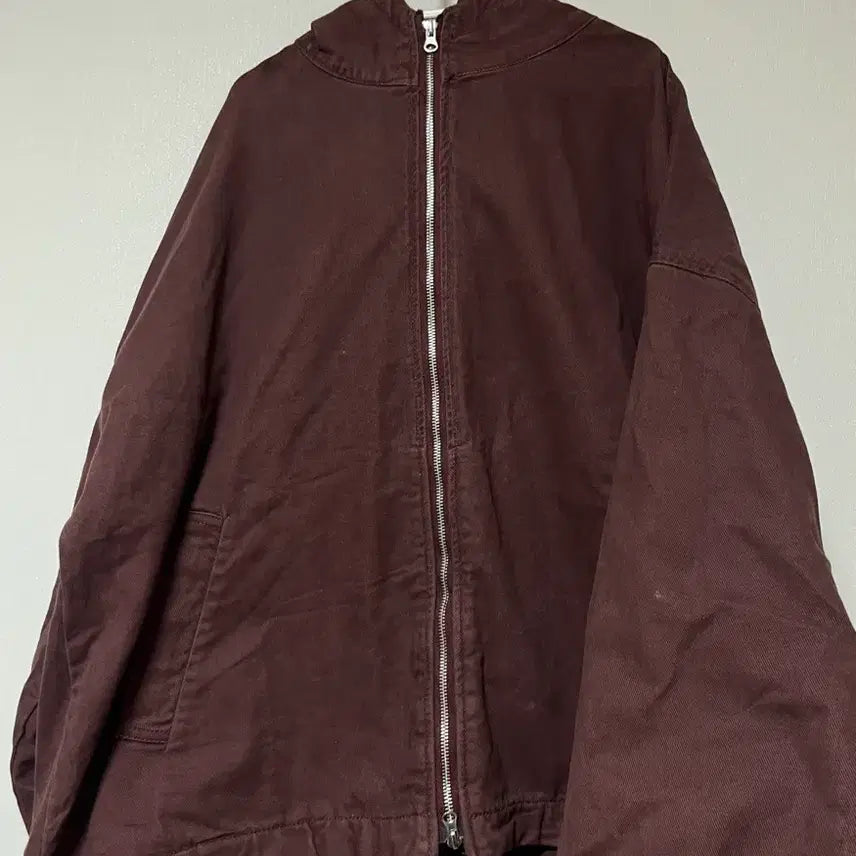 [BUNJANG] Washed Burgundy Denim Oversized Hooded Zip-Up Jacket / 워싱 버건디 데님 오버핏 후드집업 자켓