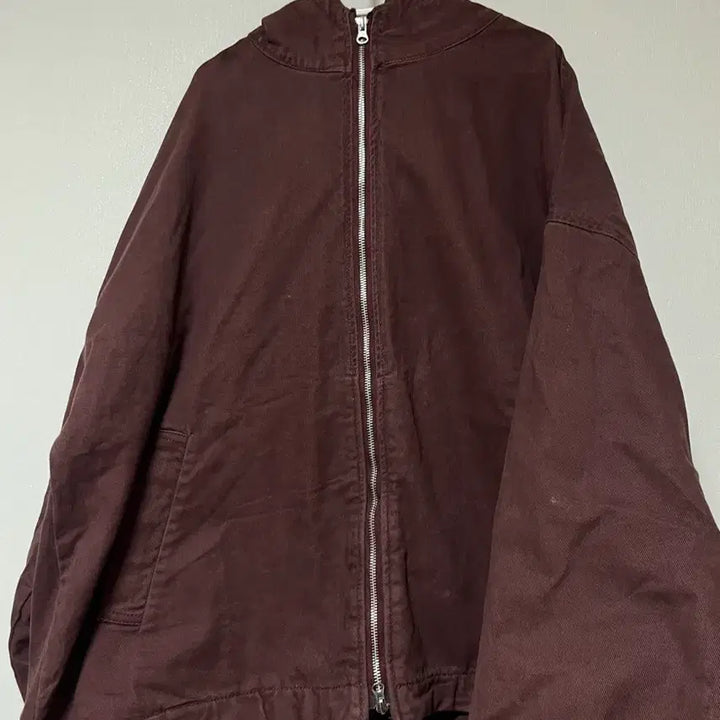 [BUNJANG] Washed Burgundy Denim Oversized Hooded Zip-Up Jacket / 워싱 버건디 데님 오버핏 후드집업 자켓