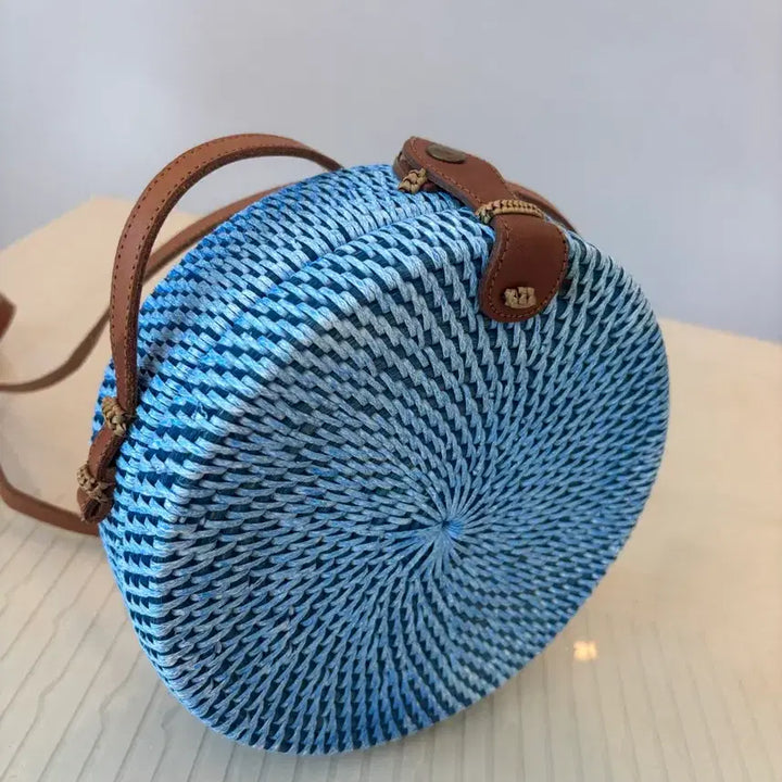 [BUNJANG] Rattan Woven Round Bag Blue / 라탄 짜임 원형 가방 블루