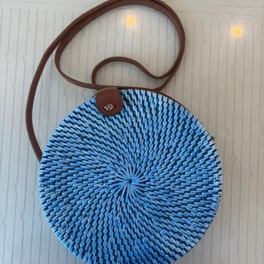 [BUNJANG] Rattan Woven Round Bag Blue / 라탄 짜임 원형 가방 블루