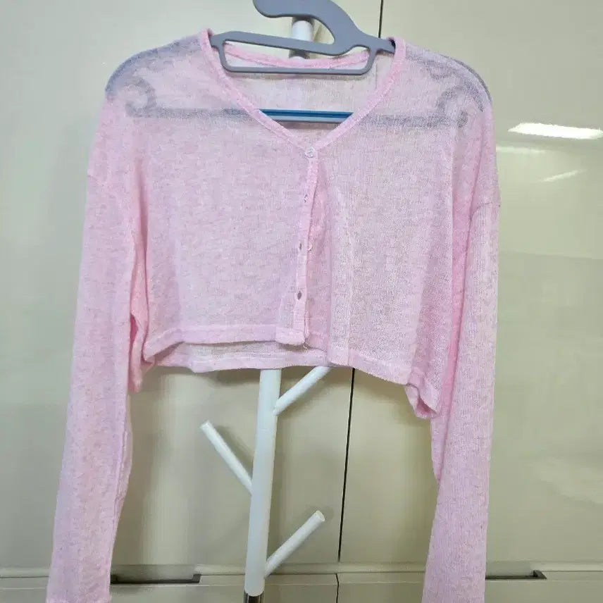 [BUNJANG] Pink Cropped Knit Cardigan / 핑크색 크롭 가디건 니트