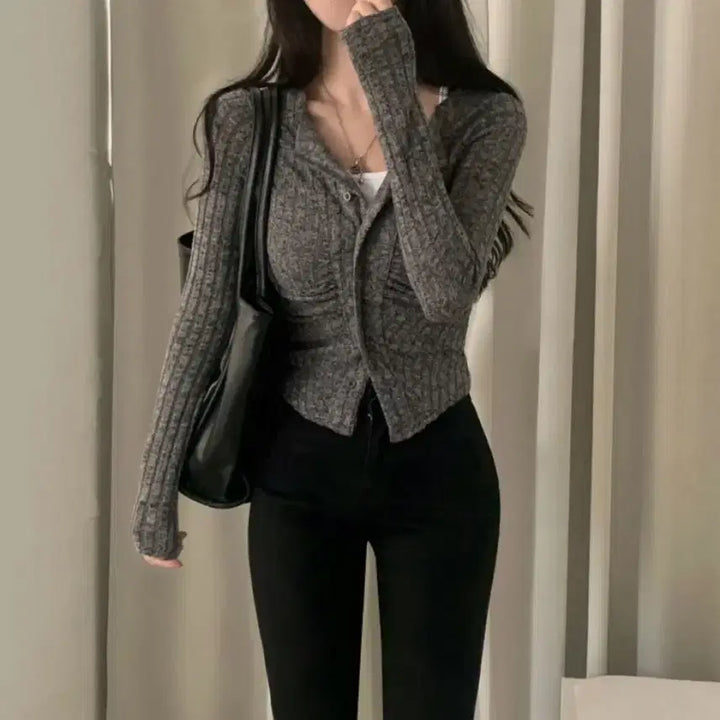 [BUNJANG] Sugarpowder Soft Long Sleeve Knit Cardigan T-Shirt Charcoal One Size / <슈가파우더> 보들 긴팔니트가디건,티셔츠 차콜 F사이즈