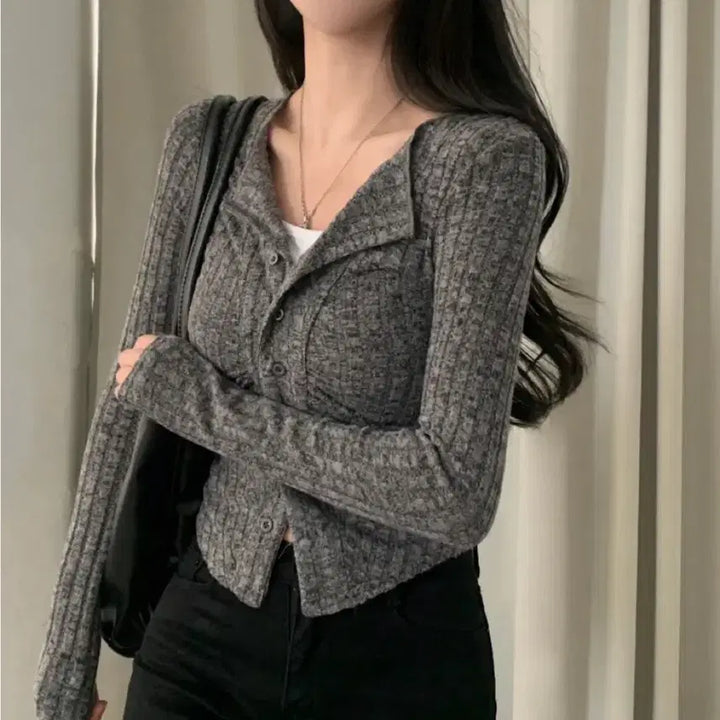 [BUNJANG] Sugarpowder Soft Long Sleeve Knit Cardigan T-Shirt Charcoal One Size / <슈가파우더> 보들 긴팔니트가디건,티셔츠 차콜 F사이즈