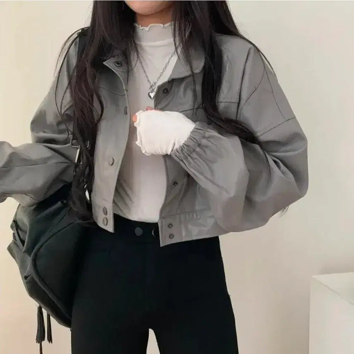 [BUNJANG] Dark Grey Cropped Leather Jacket / 크롭 가죽자켓 다크그레이