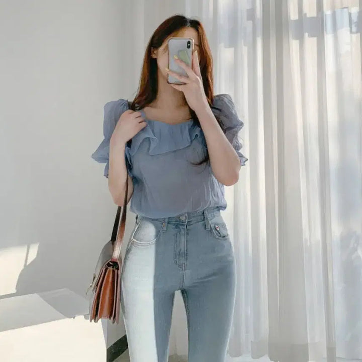 [BUNJANG] Wannabe Muse Frill See-Through Blouse / 워너비뮤즈 시스루 프릴 반팔 블라우스