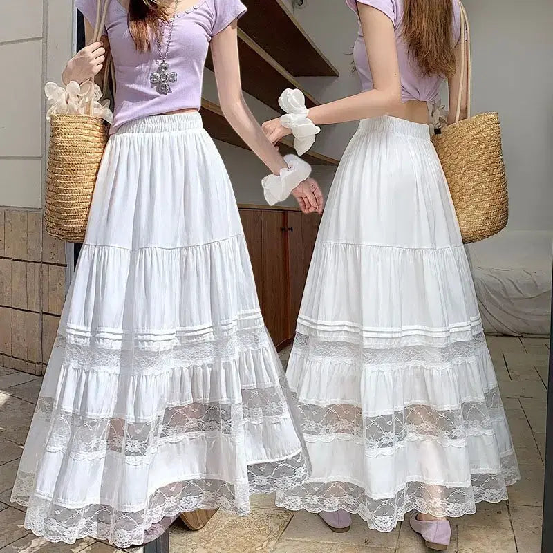 [BUNJANG] White Flower Mir Lace Punching Long Skirt / [새상품/빠른발송] 화이트 플라워 미르 레이스 펀칭 롱스커트 치마