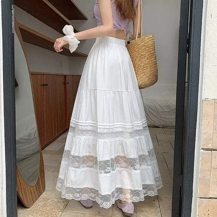 [BUNJANG] White Flower Mir Lace Punching Long Skirt / [새상품/빠른발송] 화이트 플라워 미르 레이스 펀칭 롱스커트 치마