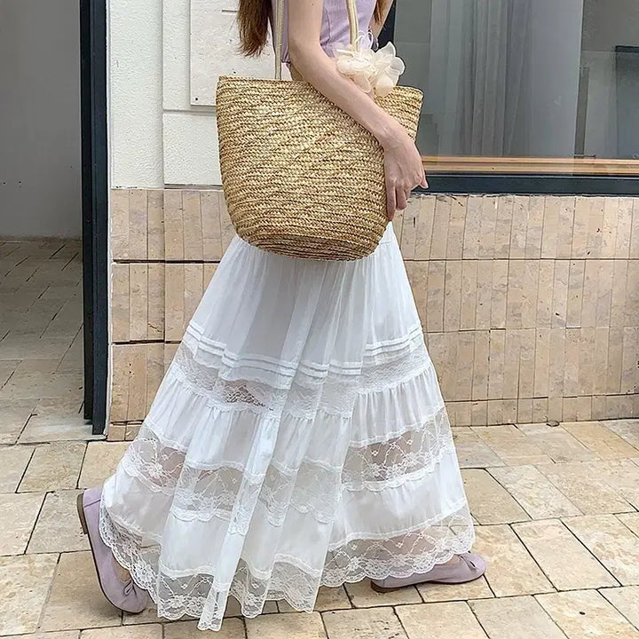 [BUNJANG] White Flower Mir Lace Punching Long Skirt / [새상품/빠른발송] 화이트 플라워 미르 레이스 펀칭 롱스커트 치마