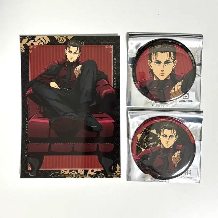 [BUNJANG] Attack on Titan Eren Dignified Can Badge &amp; Bromide Set / [특전] 진격의 거인 에렌 Dignified 캔뱃지 브로마이드 정장 의자