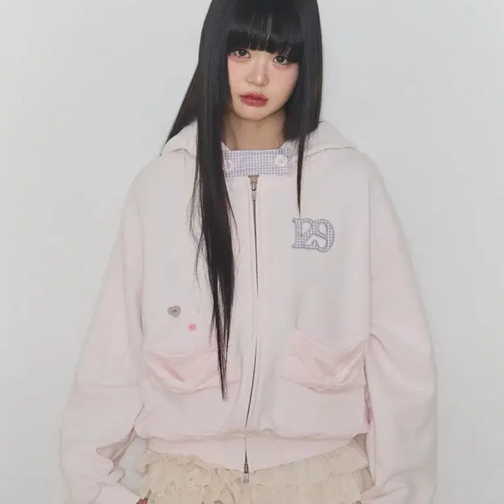 [BUNJANG] IlLago Checkerboard Pocket Hoodie Zip-up Baby Pink / 일리고 체커 보우 포켓 후드 집업 베이비 핑크