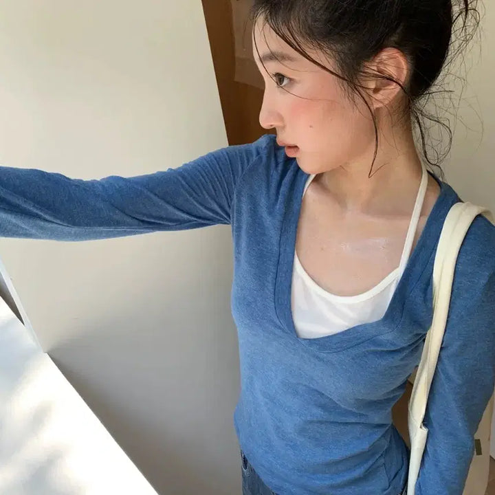 [BUNJANG] Hiifive Hippie B Fake Halterneck Two-Piece Base Long Sleeve T-Shirt Blue S / Hiifive 히피베 페이크 홀터넥 투피스 베이스 긴팔 티셔츠 블루S