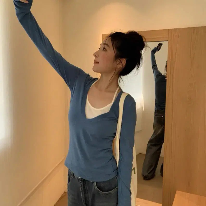 [BUNJANG] Hiifive Hippie B Fake Halterneck Two-Piece Base Long Sleeve T-Shirt Blue S / Hiifive 히피베 페이크 홀터넥 투피스 베이스 긴팔 티셔츠 블루S