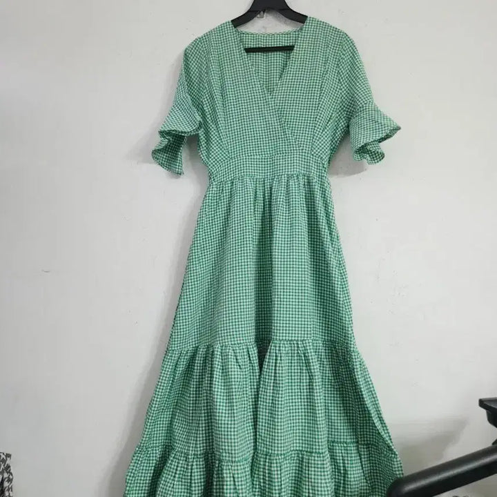 [SOLD OUT] 그린 깅엄체크 롱 원피스 프릴 반팔