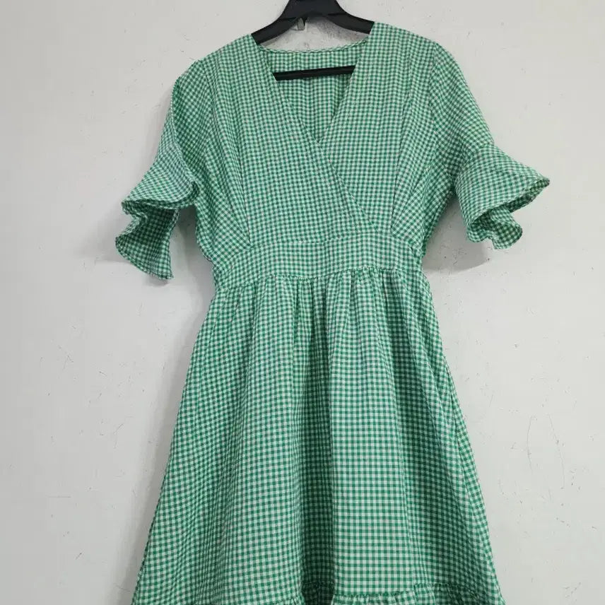 [SOLD OUT] 그린 깅엄체크 롱 원피스 프릴 반팔