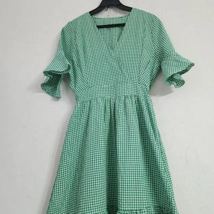 [SOLD OUT] 그린 깅엄체크 롱 원피스 프릴 반팔