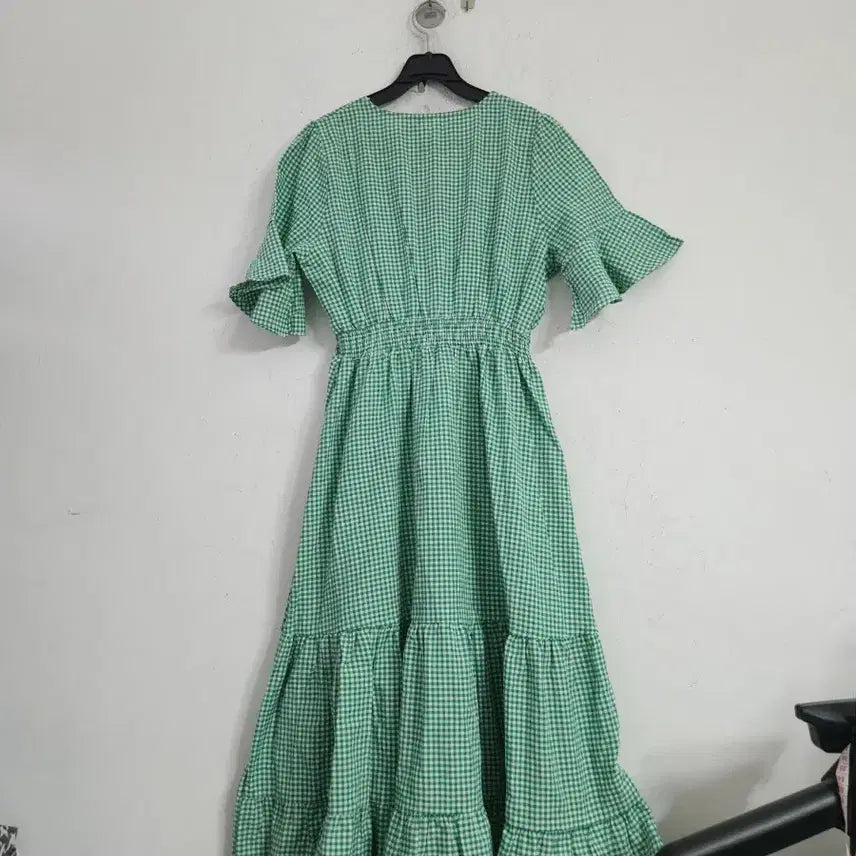 [SOLD OUT] 그린 깅엄체크 롱 원피스 프릴 반팔