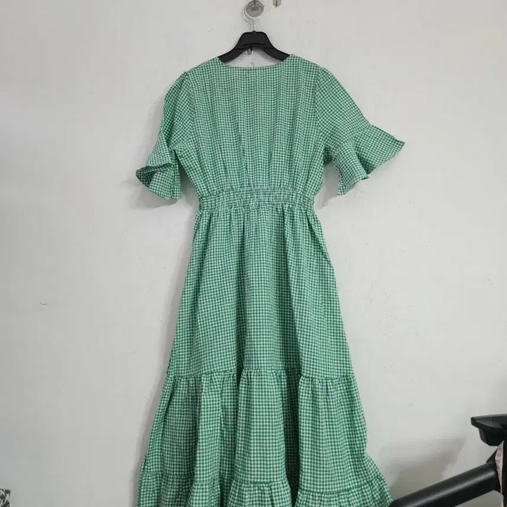 [SOLD OUT] 그린 깅엄체크 롱 원피스 프릴 반팔