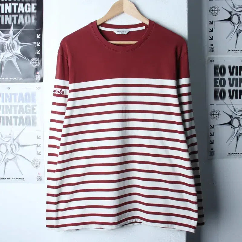 [BUNJANG] Beanpole 2XL Striped Burgundy Long Sleeve T-shirt / (2XL) 빈폴 긴팔티셔츠 빅사이즈 스트라이프 버건디 올드스쿨-1817A