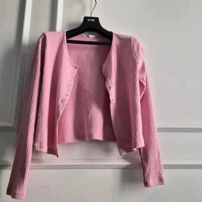 [BUNJANG] Pink Ribbed Crop Cardigan / 핑크 골지 크롭 티