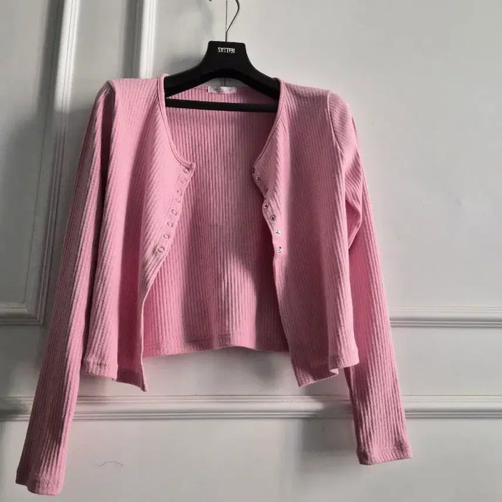 [BUNJANG] Pink Ribbed Crop Cardigan / 핑크 골지 크롭 티