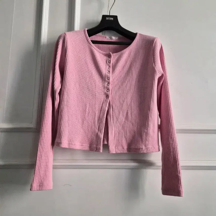 [BUNJANG] Pink Ribbed Crop Cardigan / 핑크 골지 크롭 티