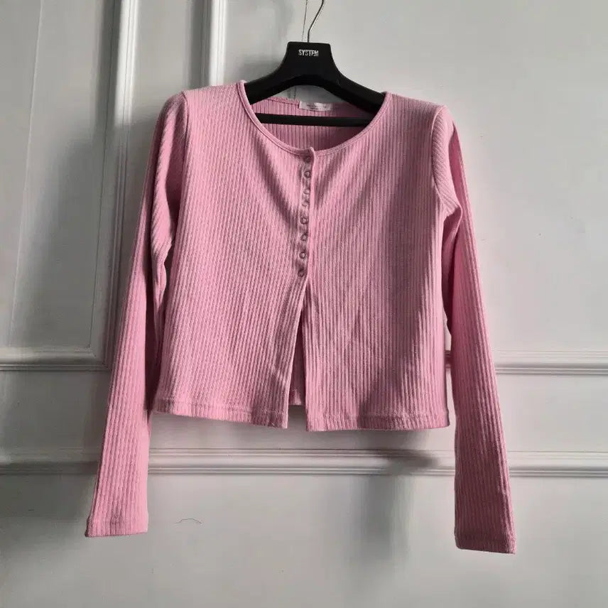 [BUNJANG] Pink Ribbed Crop Cardigan / 핑크 골지 크롭 티