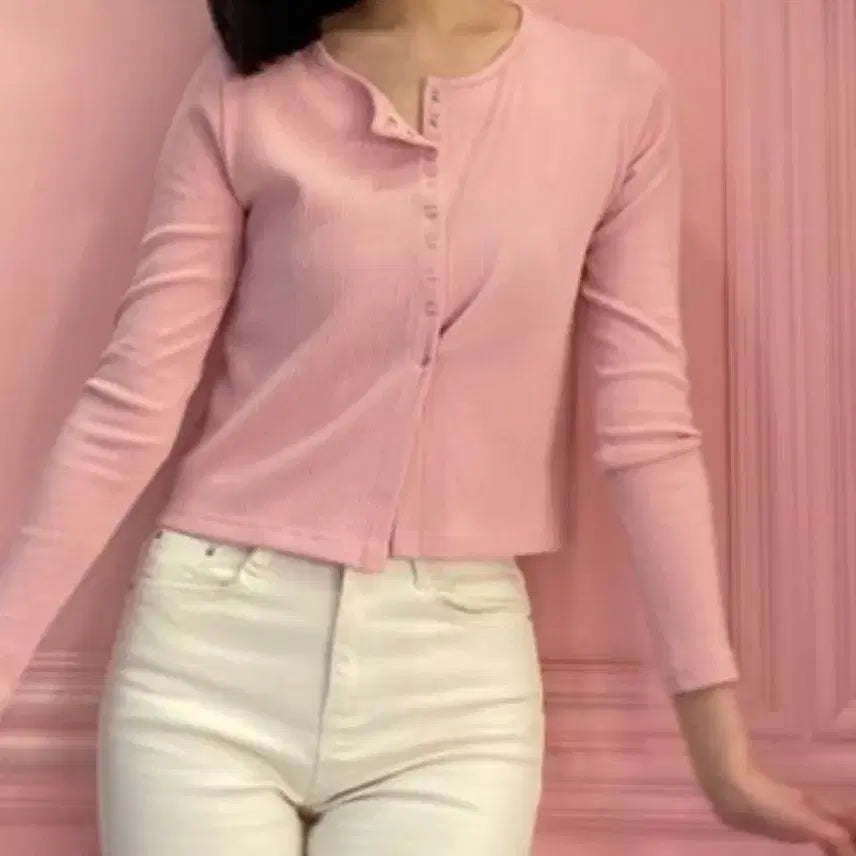 [BUNJANG] Pink Ribbed Crop Cardigan / 핑크 골지 크롭 티