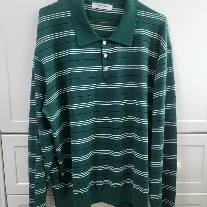 [BUNJANG] 8seconds Green Stripe Long-Sleeve Polo Shirt / 에잇세컨즈 그린 스트라이프 긴팔 카라티