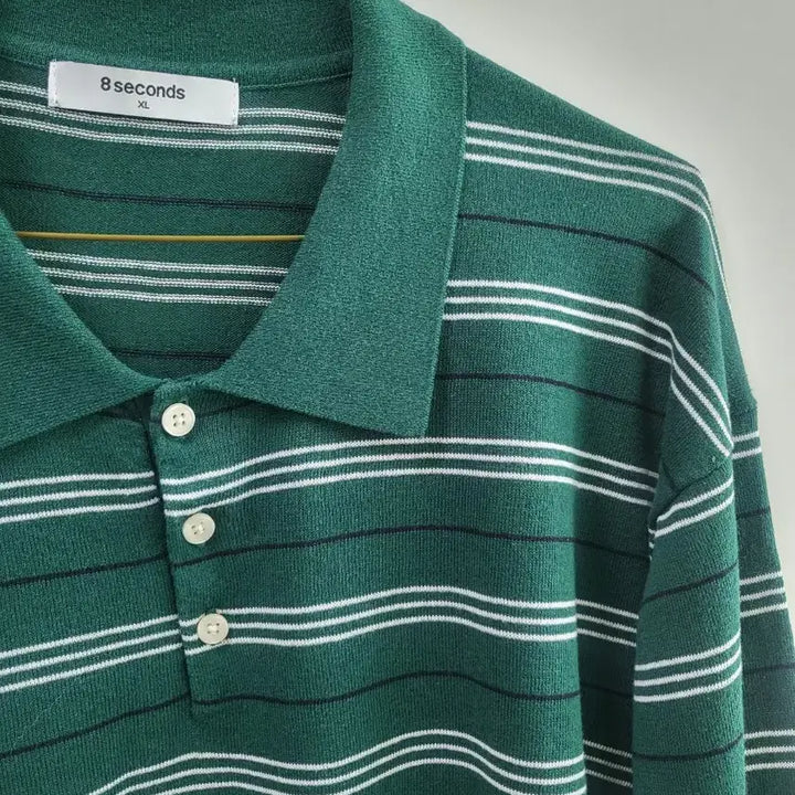 [BUNJANG] 8seconds Green Stripe Long-Sleeve Polo Shirt / 에잇세컨즈 그린 스트라이프 긴팔 카라티
