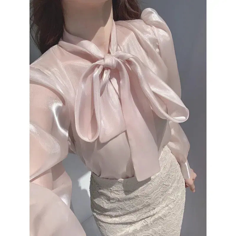 [BUNJANG] Elegance Ribbon Tie See-through Blouse - Pink / [당일발송] 엘레강스 리본 타이 시스루 블라우스 핑크