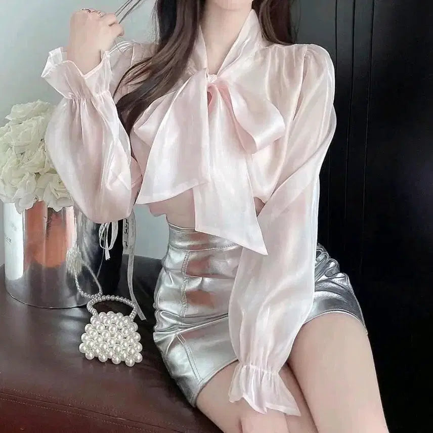 [BUNJANG] Elegance Ribbon Tie Sheer Blouse - Pink / [새상품/*빠른배송*] 엘레강스 리본 타이 시스루 블라우스 핑크