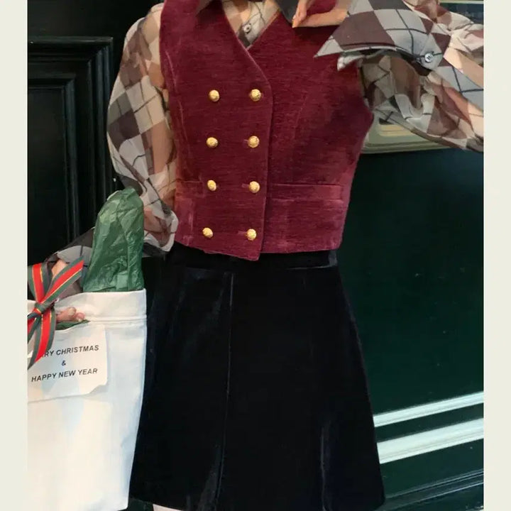 [BUNJANG] Seo Cookie Velvet Set (Black) - Blouse, Vest, Skirt / 서쿠키 벨벳 세트 (블랙)
