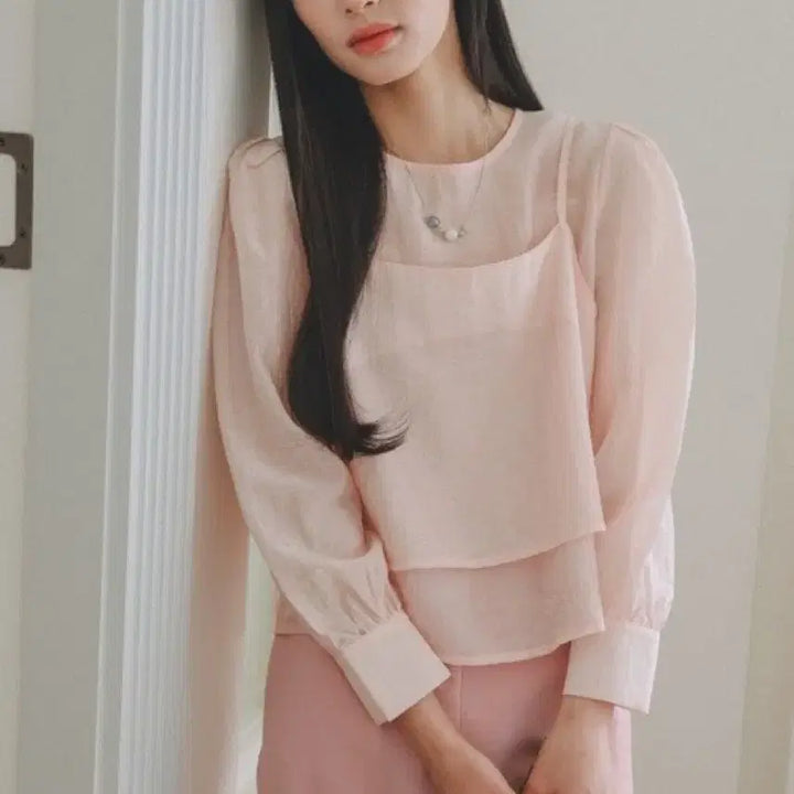 [BUNJANG] Eune Sheer Blouse and Tank Top Set / 으네 쉬어 블라우스 나시 세트 피치 핑크