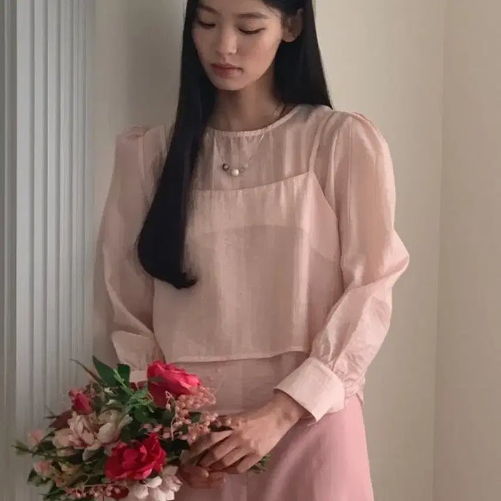 [BUNJANG] Eune Sheer Blouse and Tank Top Set / 으네 쉬어 블라우스 나시 세트 피치 핑크