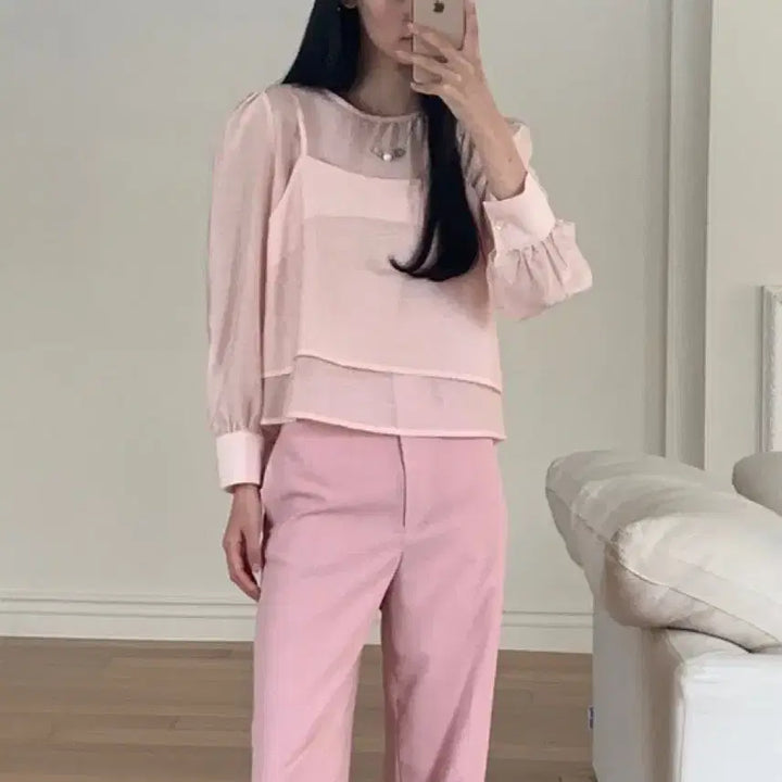 [BUNJANG] Eune Sheer Blouse and Tank Top Set / 으네 쉬어 블라우스 나시 세트 피치 핑크