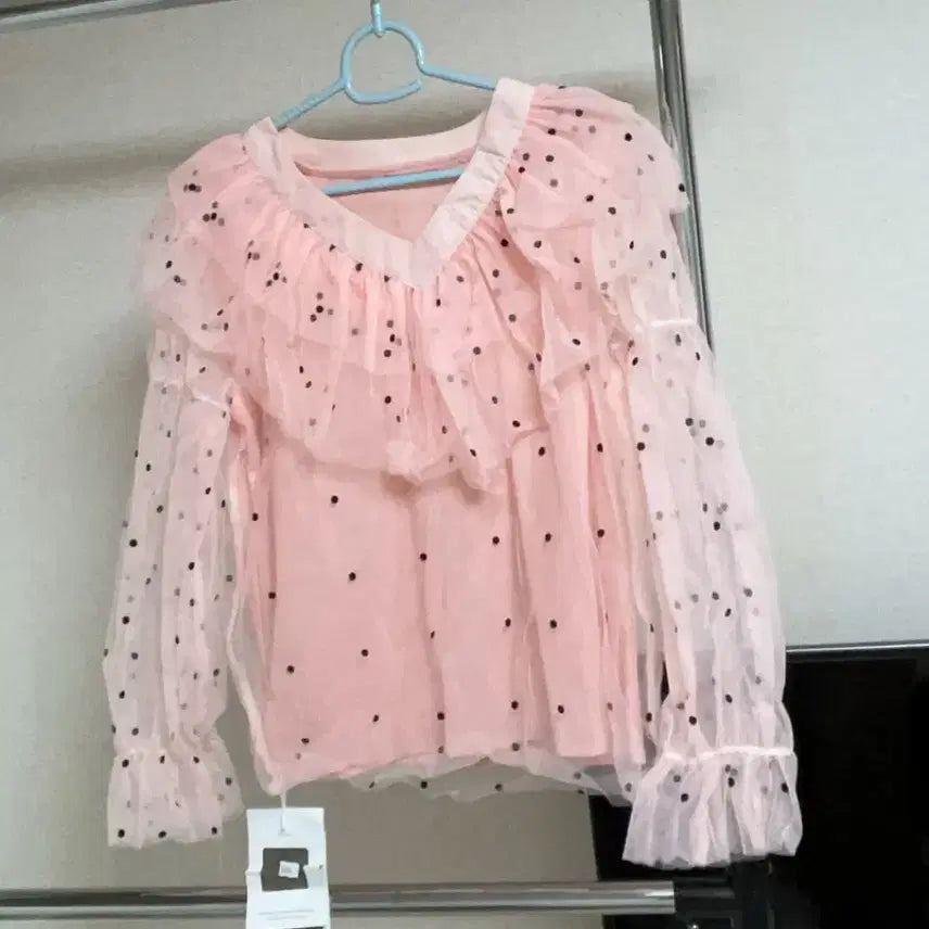 [BUNJANG] Pink Dot See-through Blouse with Frill / 핑크색 도트 시스루 블라우스 프릴 장식
